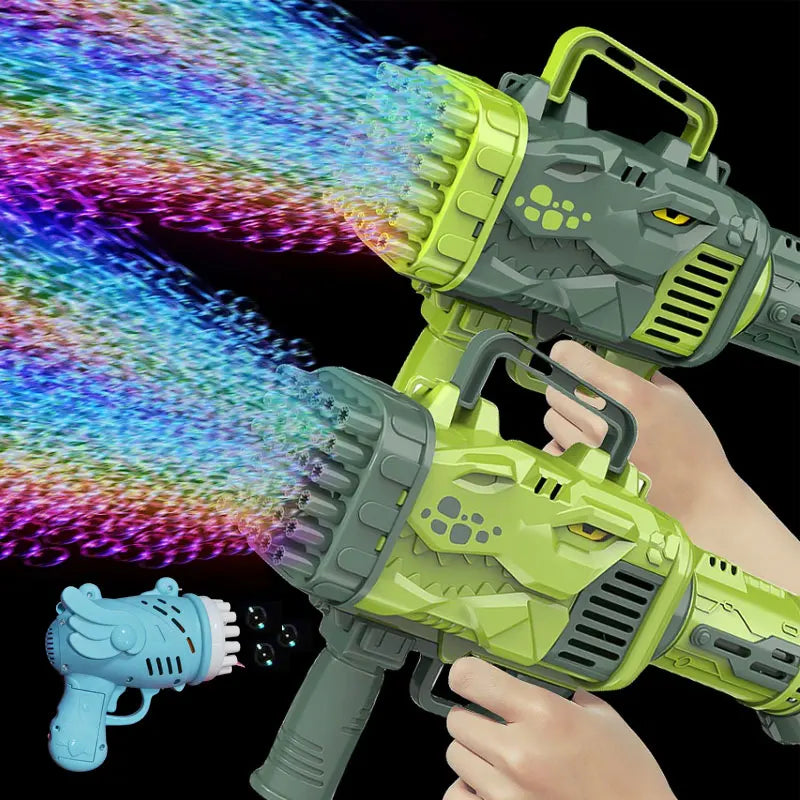 Máquina de Bolhas T-Rex Automática – 32 Furos, Luz LED, Brinquedo Infantil Divertido para Festa e Ar Livre